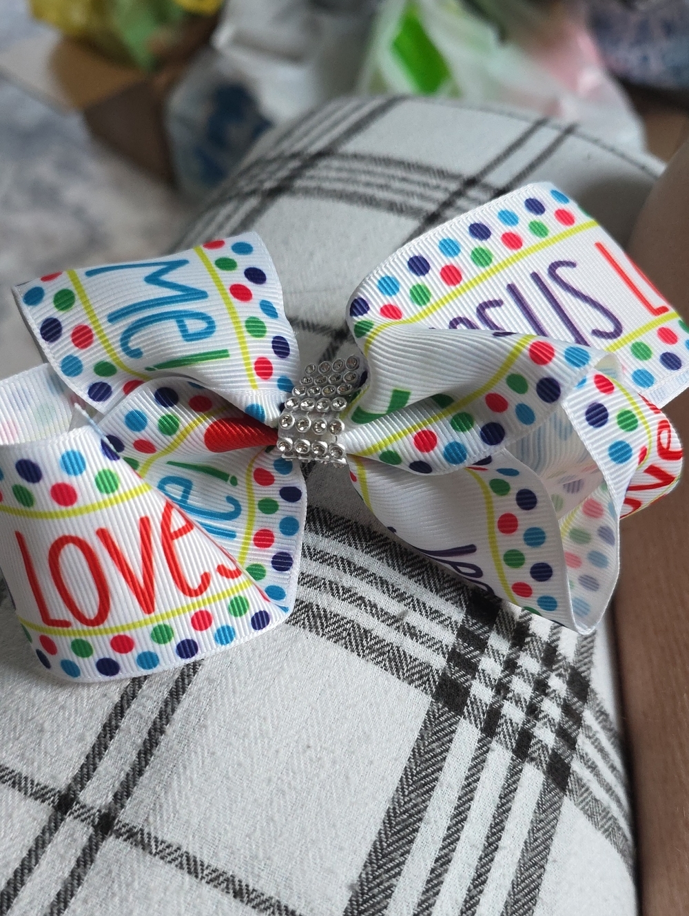 White Multicolor Polka Dot Kids Hair Bow with Rhinestone Center